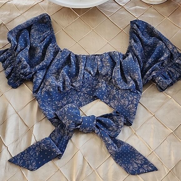 Euro Summer Puffed Ruffle Sleeve Tie Front Cropped Bandeau Shirred Top - Picture 2 of 9